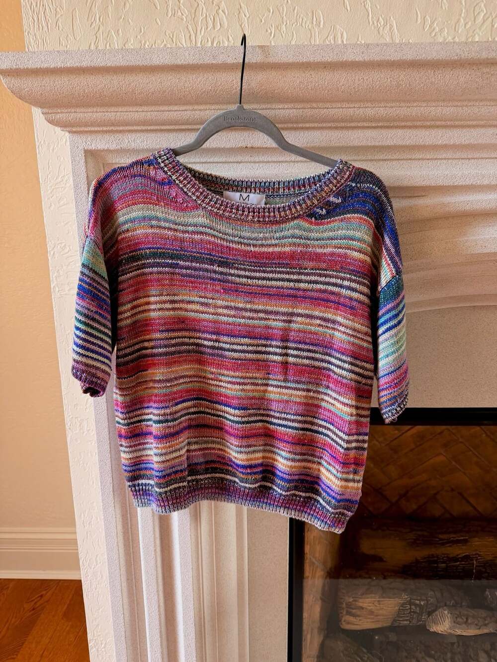 Magaschoni Multicolored Striped Short Sleeve Crewneck Knit Sweater